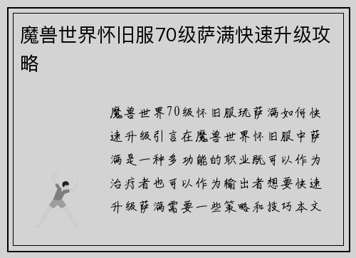 魔兽世界怀旧服70级萨满快速升级攻略